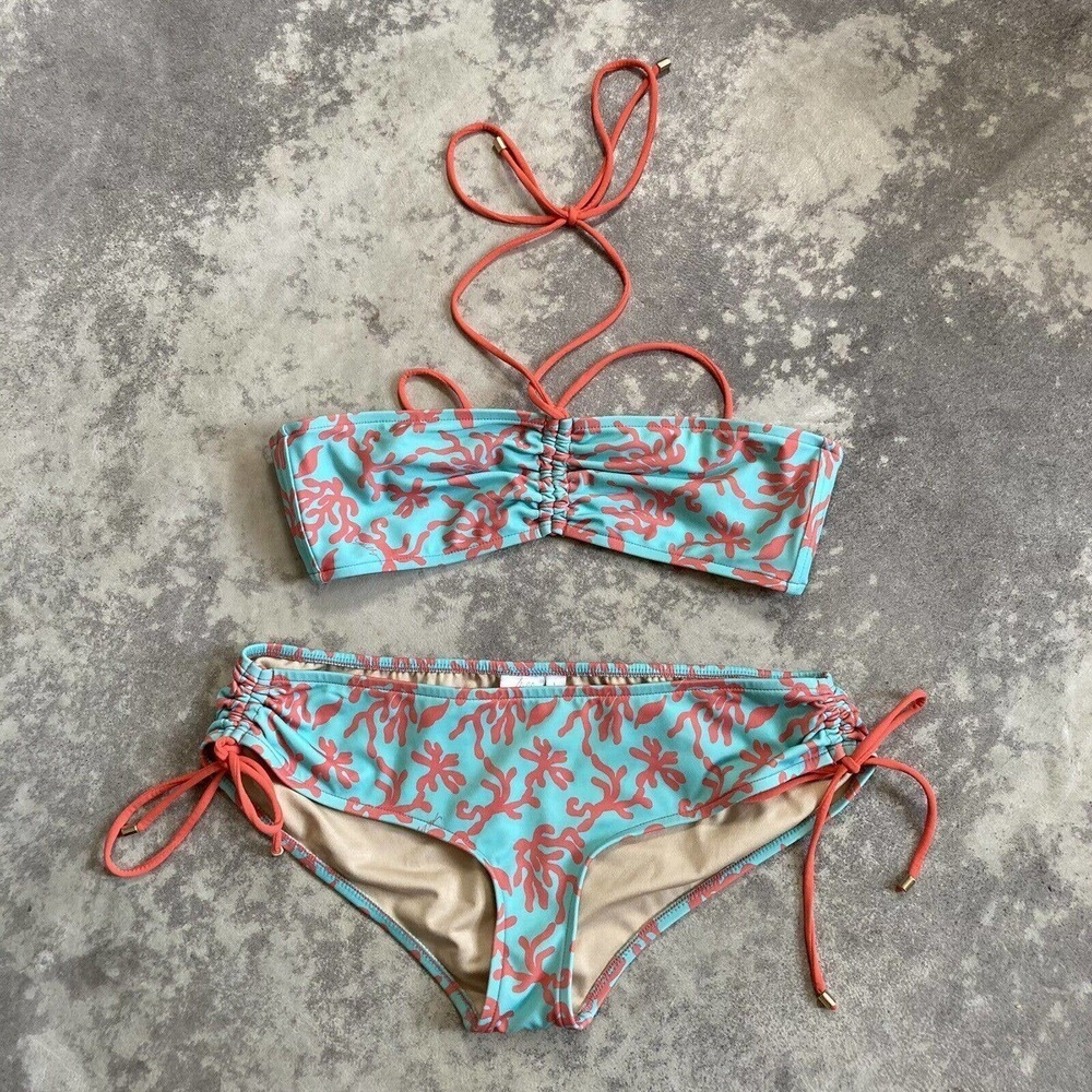 Milly Cabana‎ 2 Piece Bikini Swimwear Coral Print Size m Top, L bottom